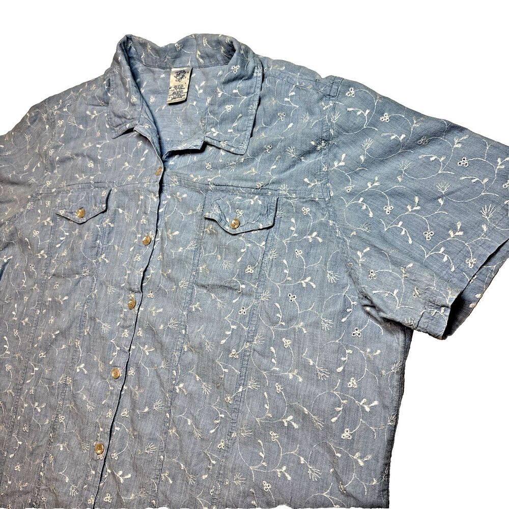 Vintage 90s Just My Size JMS Shirt 22W-24W blue Chambray Embroidered Floral Cott